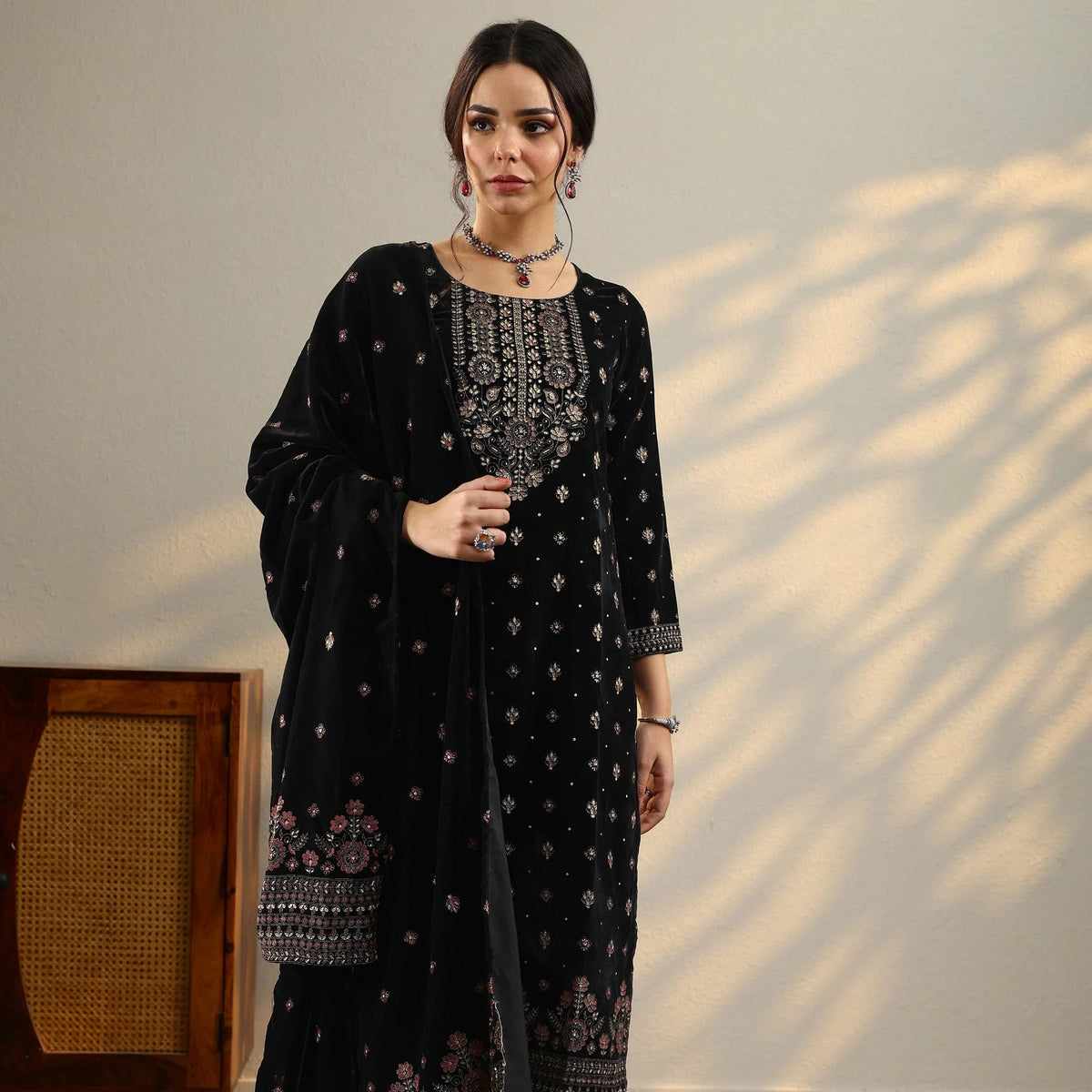 Libas Black Embroidered Georgette Straight Sharara Suit Set With Dupatta