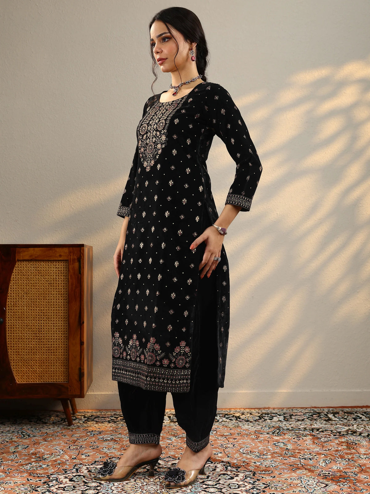 Libas Black Embroidered Georgette Straight Sharara Suit Set With Dupatta