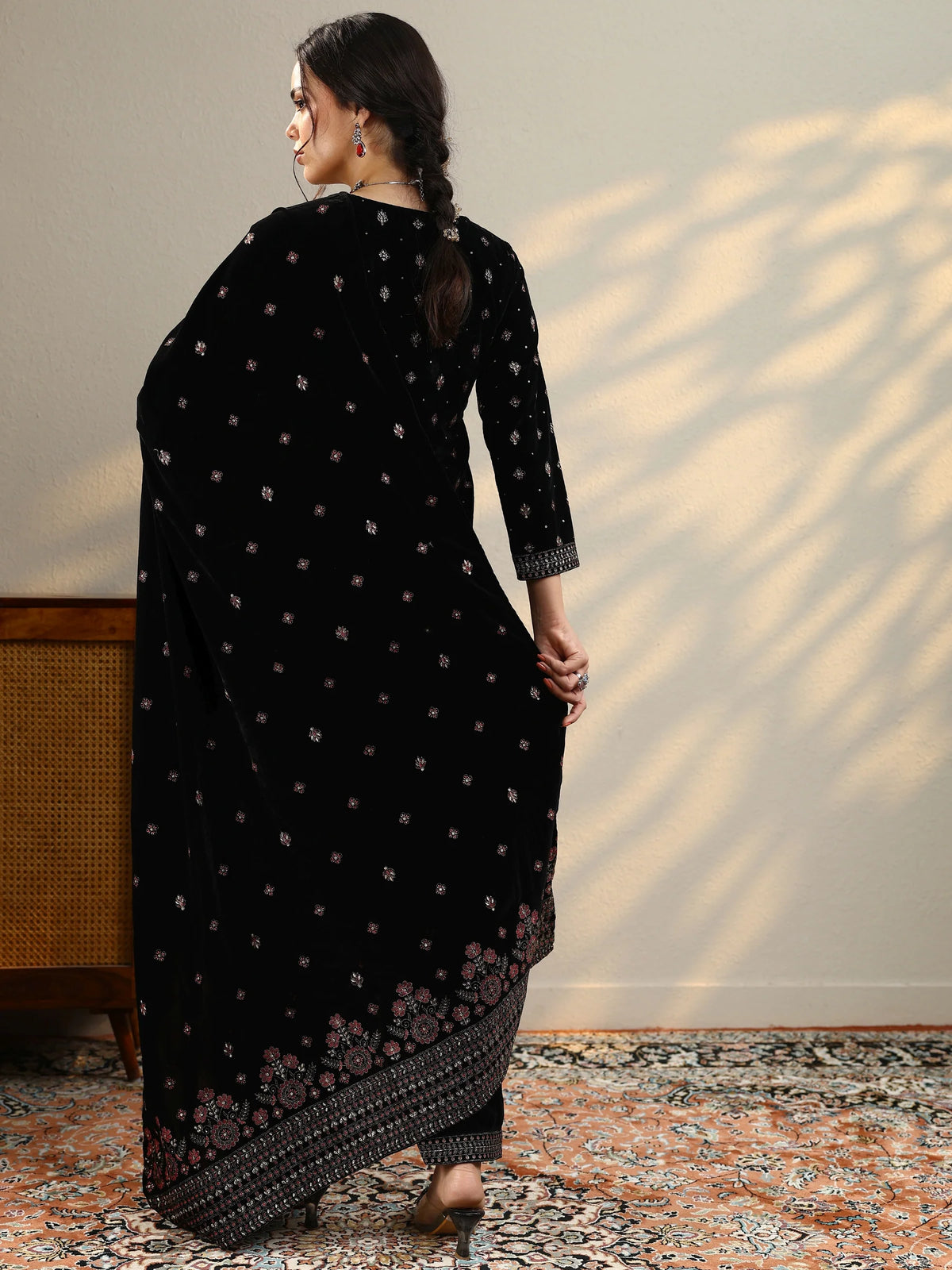 Libas Black Embroidered Georgette Straight Sharara Suit Set With Dupatta